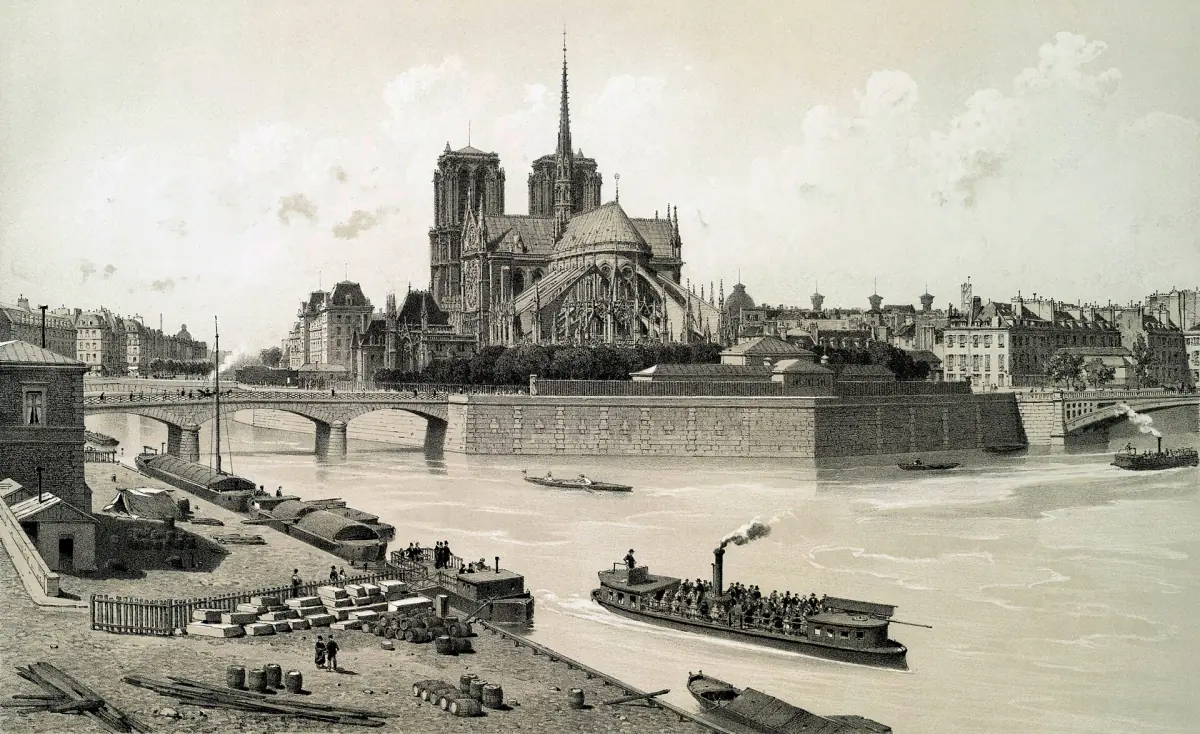 Notre-Dame und die Seine auf einem Druck von 1881